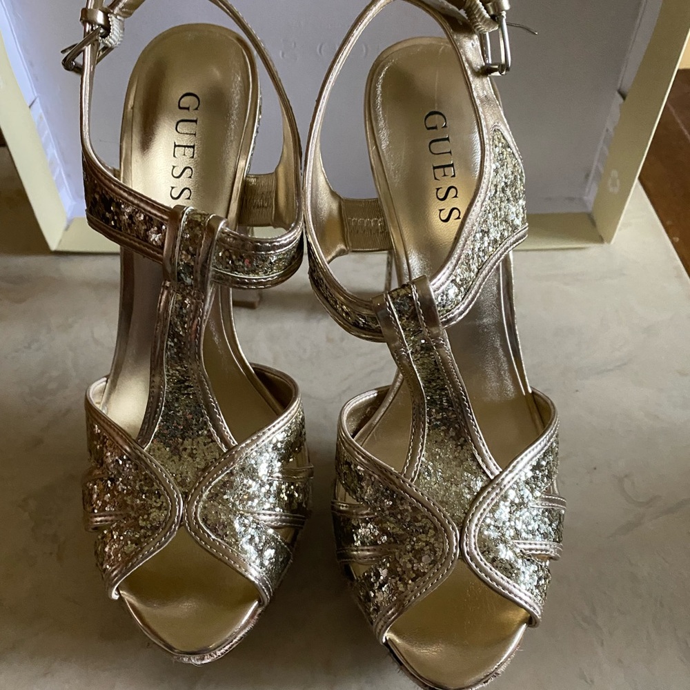 Guess Heels-4inch high heel , animal pony hair print with gold sparkle fabric.